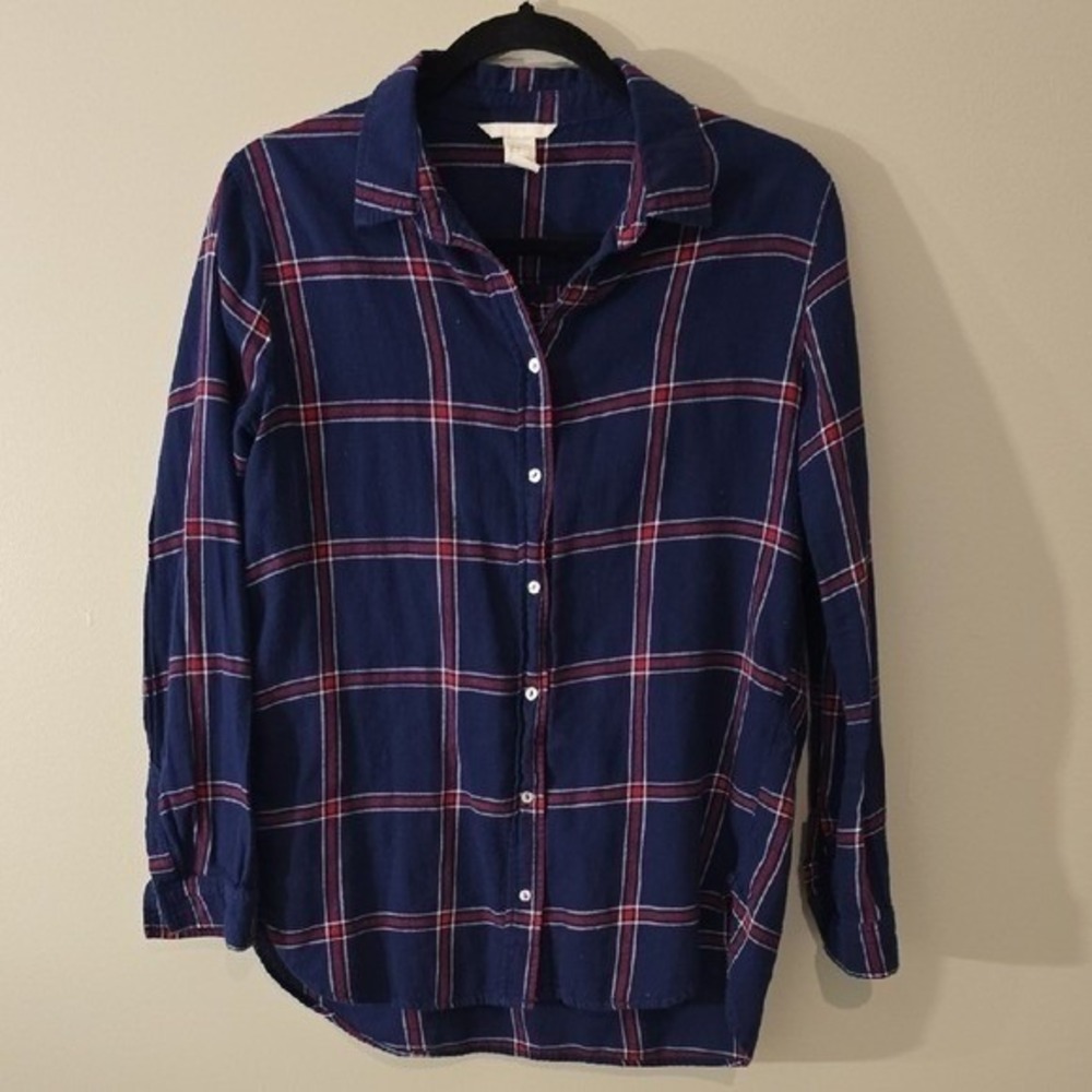 HM Navy Blue Red Plaid Flannel Button Down Shirt Womens Size 6 Long Sleeve